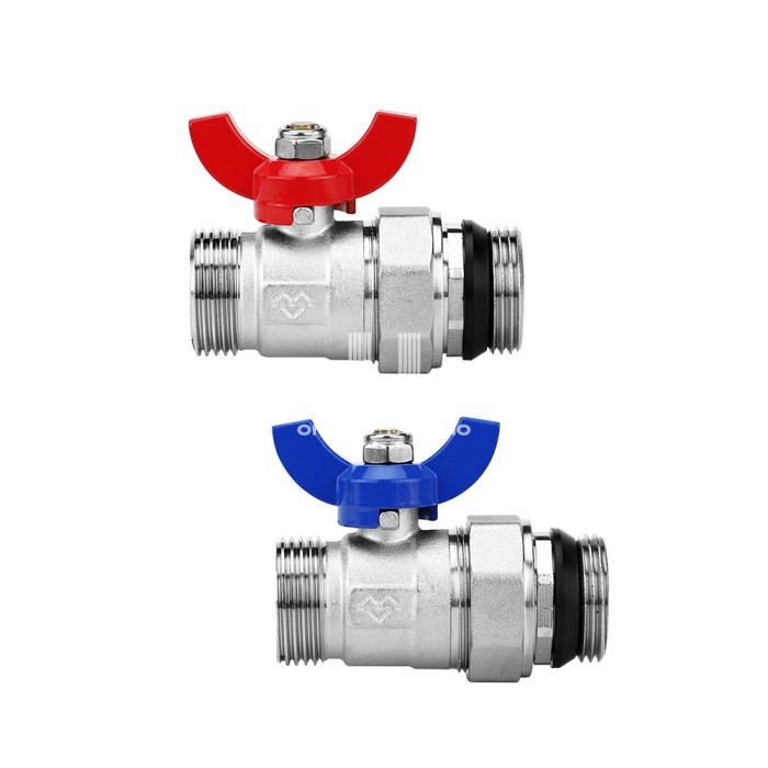 Комплект прямых шаровых кранов Varmega VM15951, 1"x1" НР-НР, с разъемным соединением, ручка-бабочка, для коллекторных групп